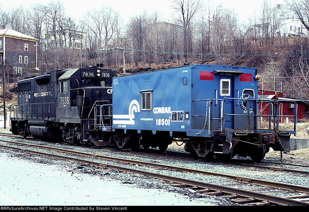 Conrail local with GP38 CR #7836 & caboose 18501 at B&M interchange.